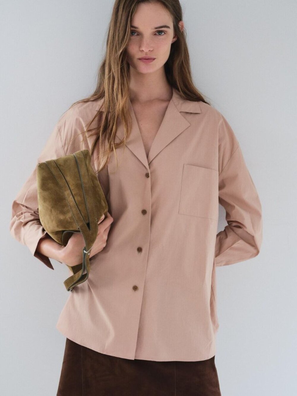 New Zara ZW Collection Poplin Pocket 100% Cotton Pink Button Down Shirt Med NWT